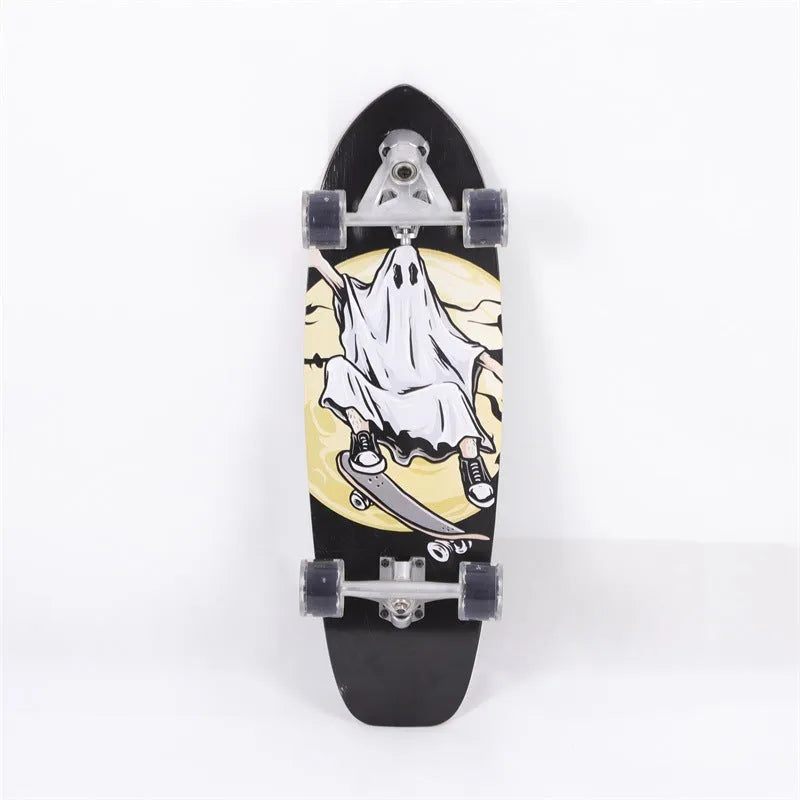 White wooden street scooter with 31-inch maple deck, shown assembled.
