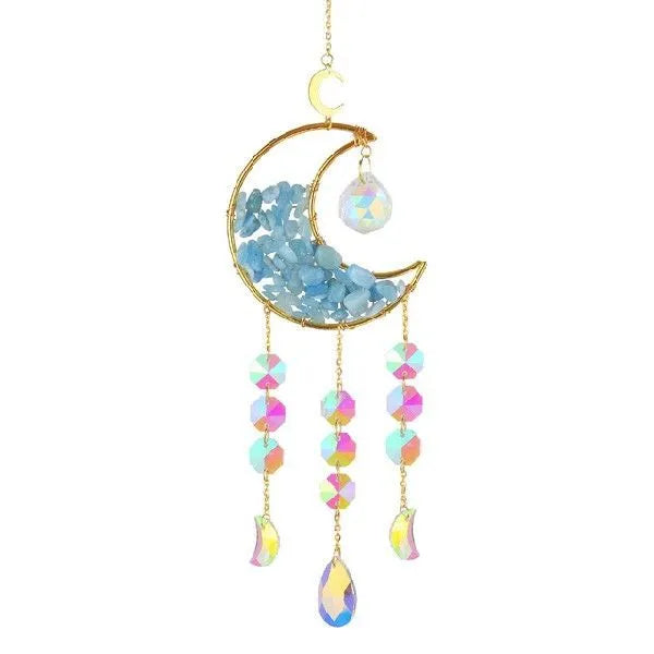 K9 crystal moon charm pendant on a metal chain for car rear-view mirror decoration.