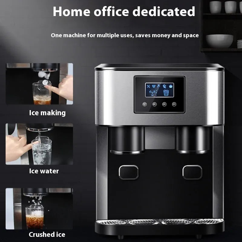Black desktop ice making machine with ice crushing and cold water dispensing functions on countertop