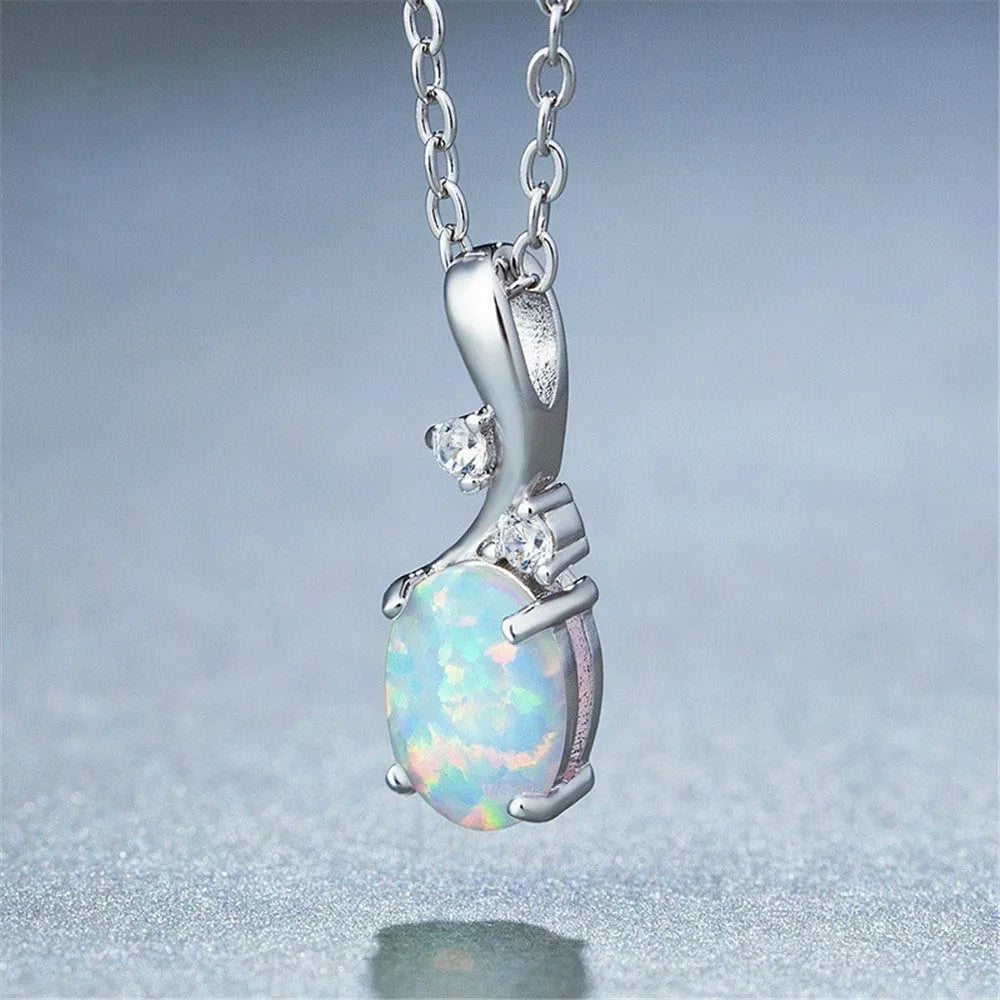 Water drop opal pendant necklace with adjustable O-chain in rose gold or white colour options