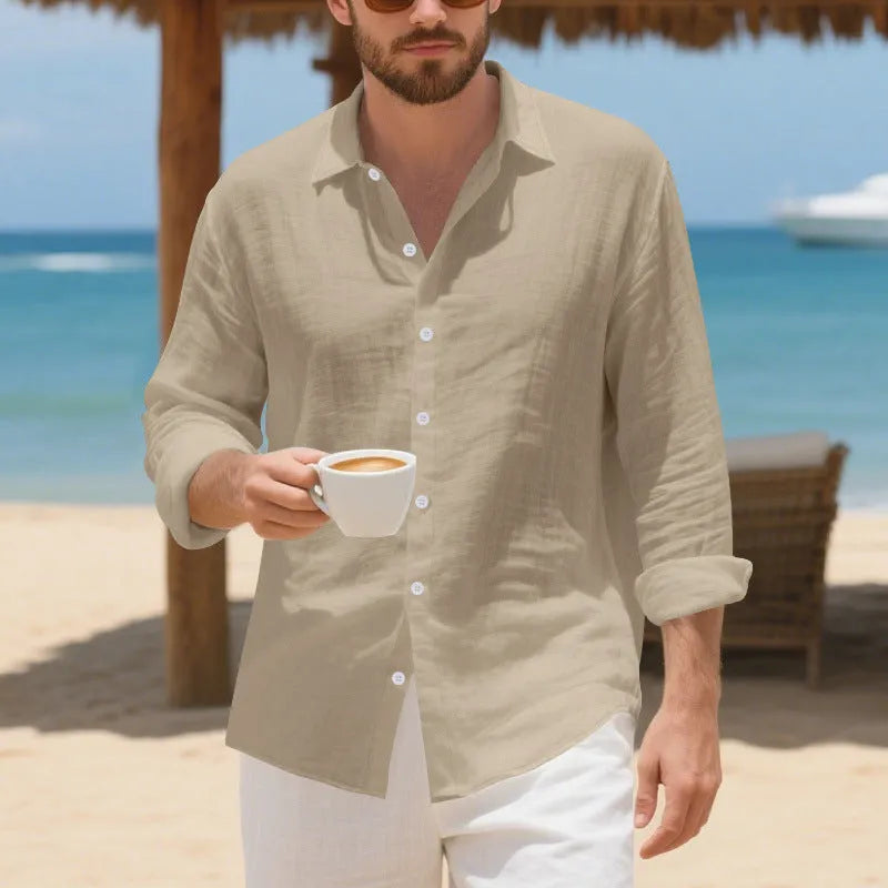 Man wearing a relaxed-fit light blue linen casual shirt with a non-iron finish