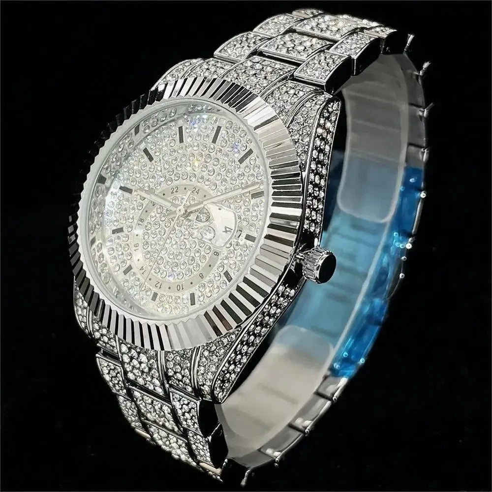 Men's quartz watch with 42mm silver diamond dial, gold plated strap and butterfly clasp