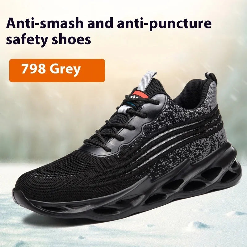 Brown leather labour protection safety shoes with a rubber sole, shown on a work site background.