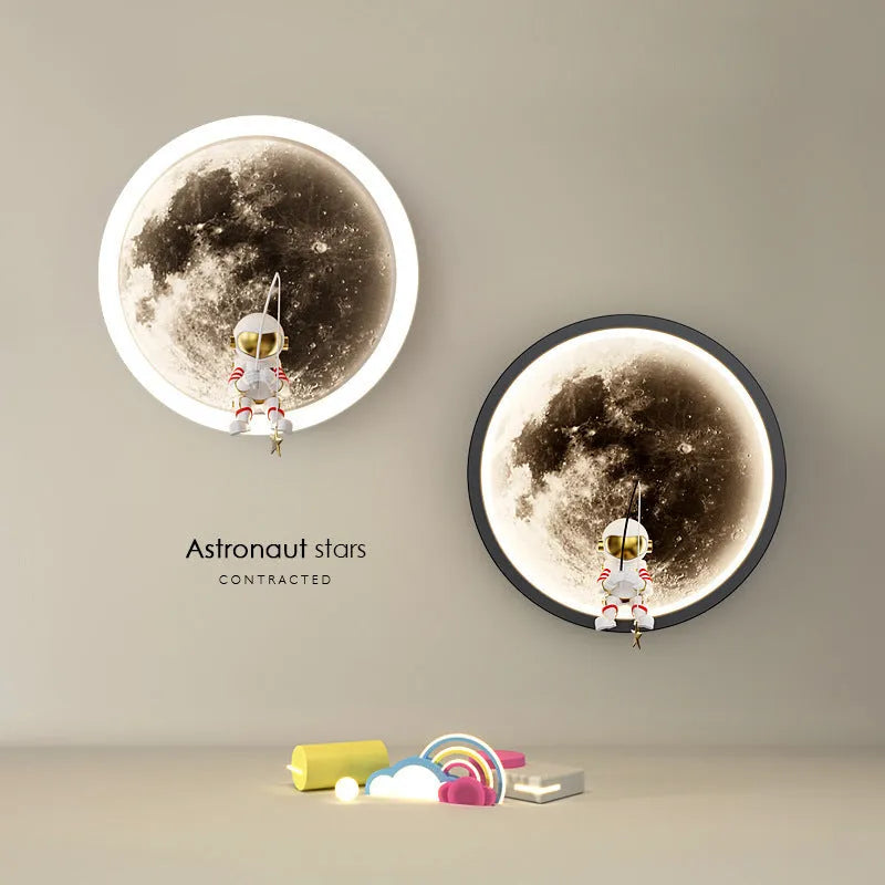Modern minimalist moon wall lamp with acrylic shade in black or white finish showing smart lighting modes