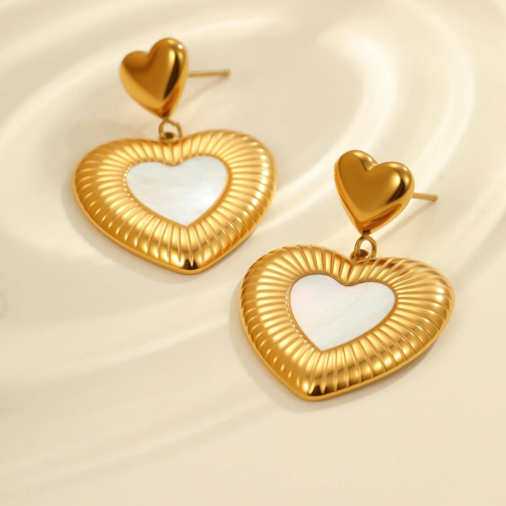 Gold electroplated heart-shaped stainless steel earrings with 18K finish for women