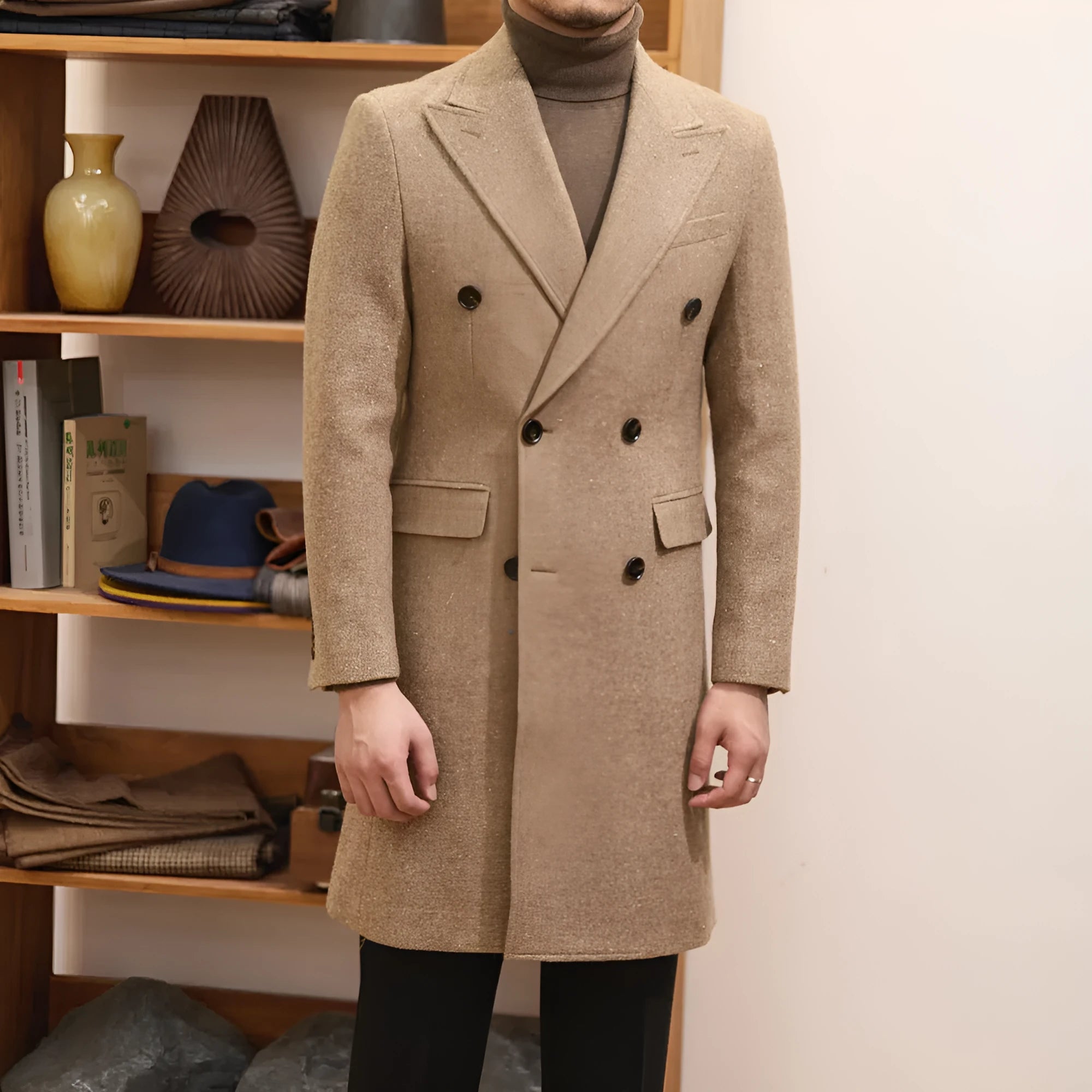 Men's brown wool double breasted slim fit jacket with side seam pockets and straight hem