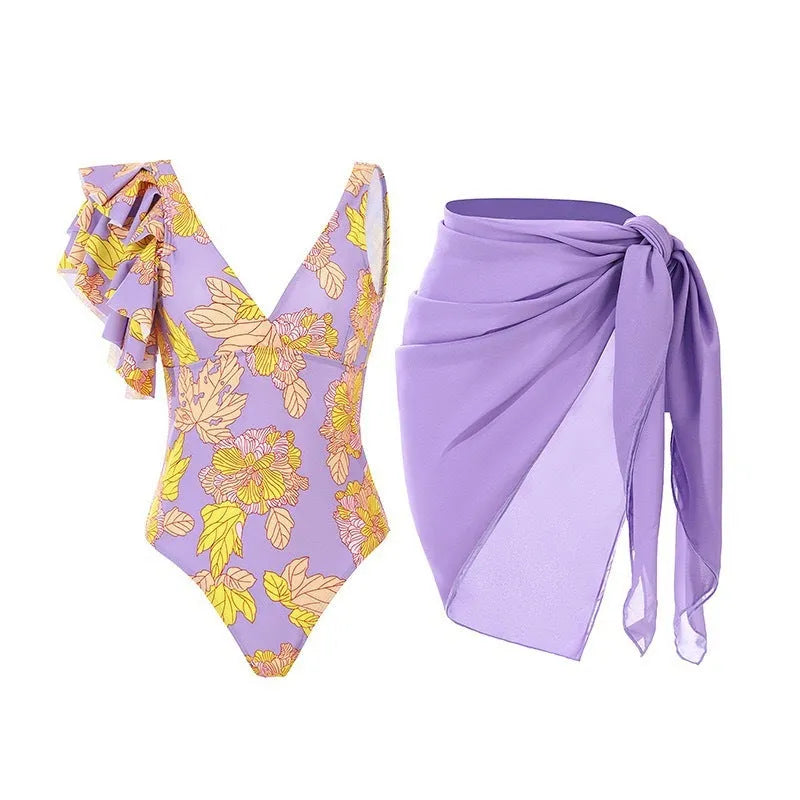 Women's solid colour one-piece swimsuit with spaghetti straps and attached skirt