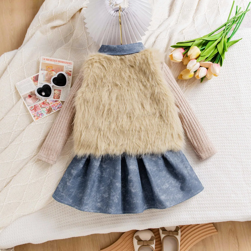 Girls apricot three-piece set with sleeveless top, denim skirt, and knitted vest, polyester fabric, sizes 4Y to 7Y