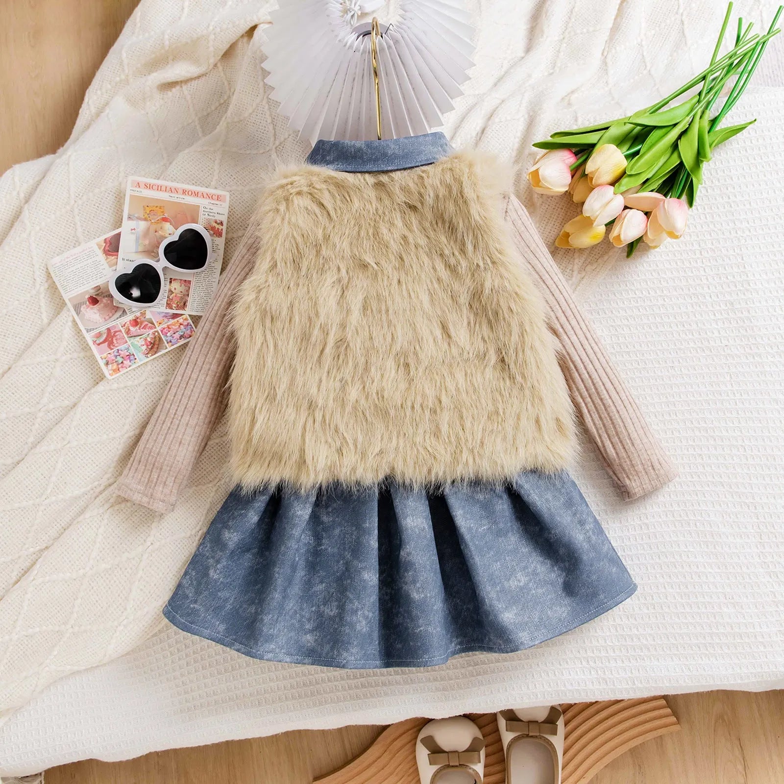 Girls apricot three-piece set with sleeveless top, denim skirt, and knitted vest, polyester fabric, sizes 4Y to 7Y