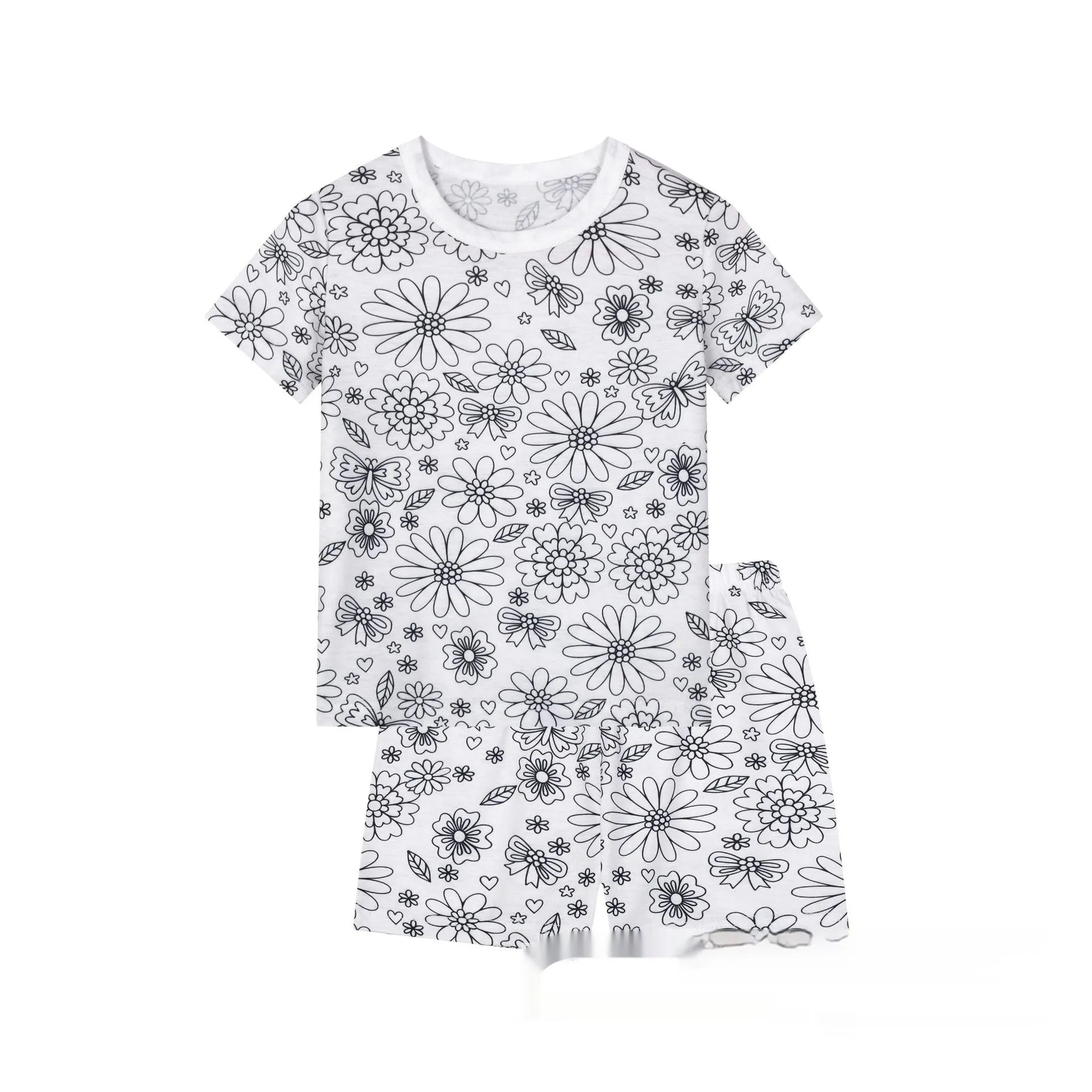 Cotton children's loungewear pajamas suit in little princess design with top and pants, view of front