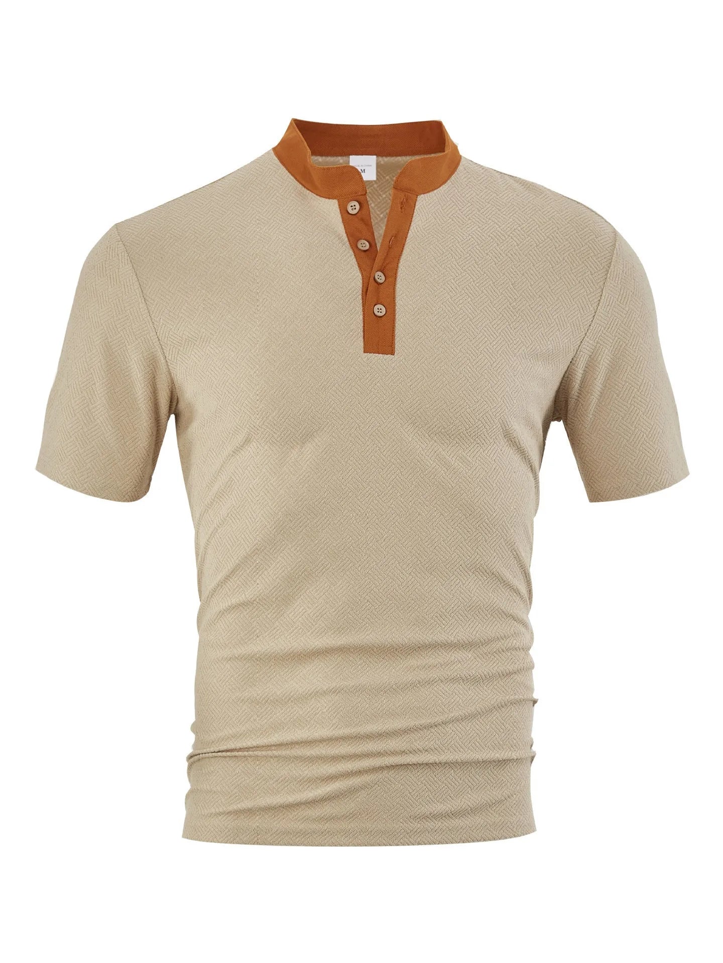 Casual loose polyester button-up short sleeve men's shirt in khaki