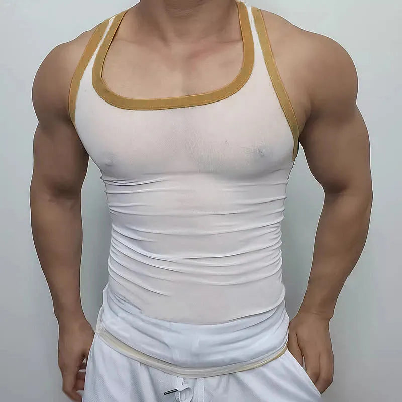 Men's black mesh athletic vest with straight hem for sports and fitness activities