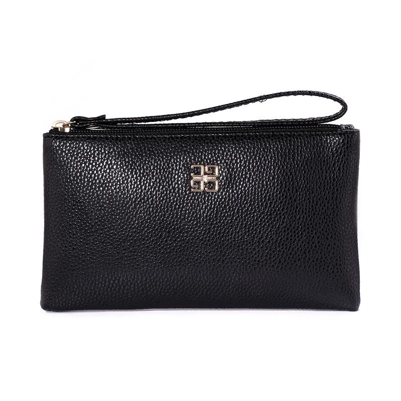 Long slim wine red PU leather wallet handbag with a top zip, shown open to reveal card slots and a phone pocket.
