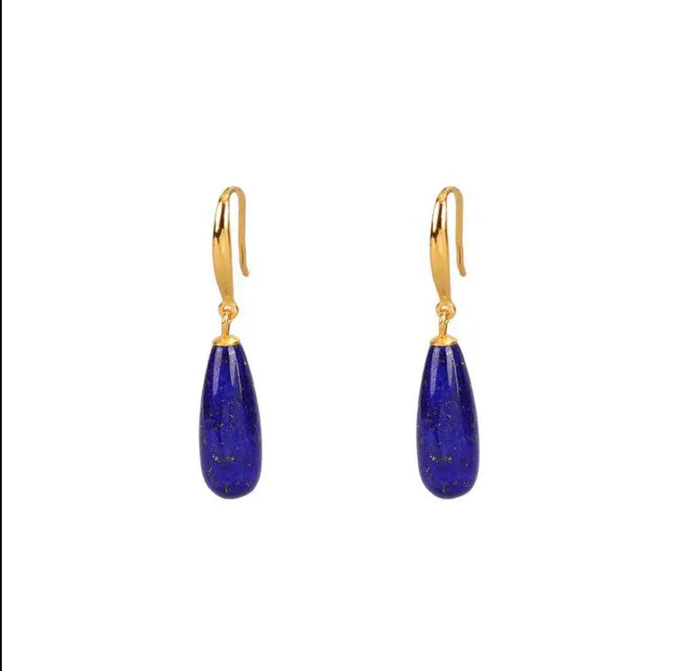 Gold-plated silver drop earrings with natural lapis lazuli stone in geometric water droplet shape