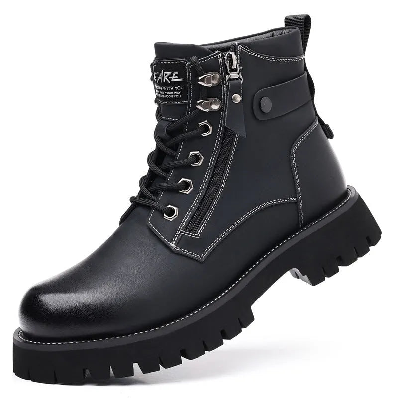 Men's brown leather high-top boots with velvet trim, side zip, and round toe design