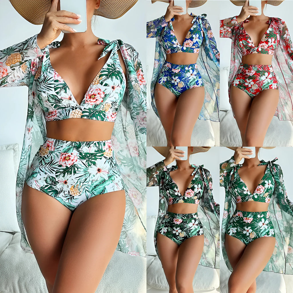 Women's three-piece printed bikini set with sunscreen shirt, bra, and shorts on a mannequin.