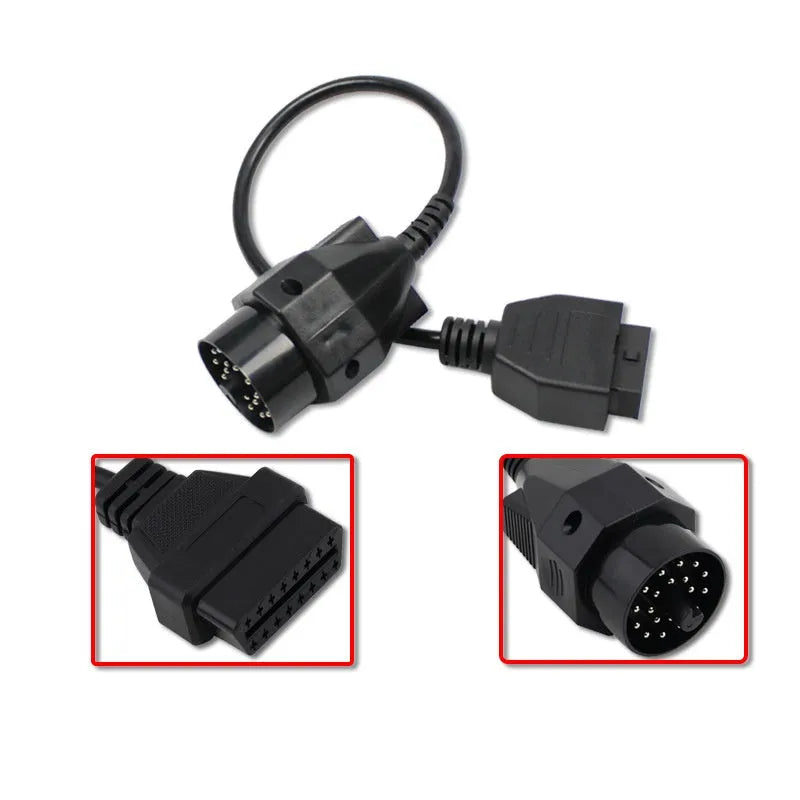 OBD2 diagnostic adapter cable with BMW 20-pin male connector and standard 16-pin female OBD2 socket