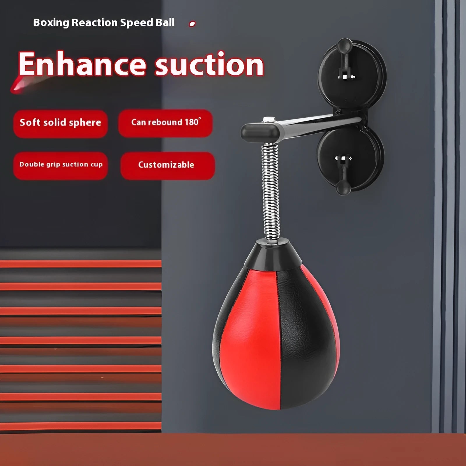 Red and black pear-shaped inflatable boxing ball with elastic cord and suction cup mounting system