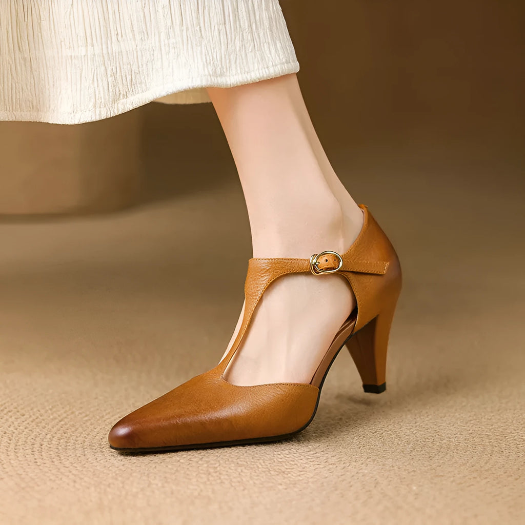 Brown retro women's sandals with T-strap buckle and closed round toe.