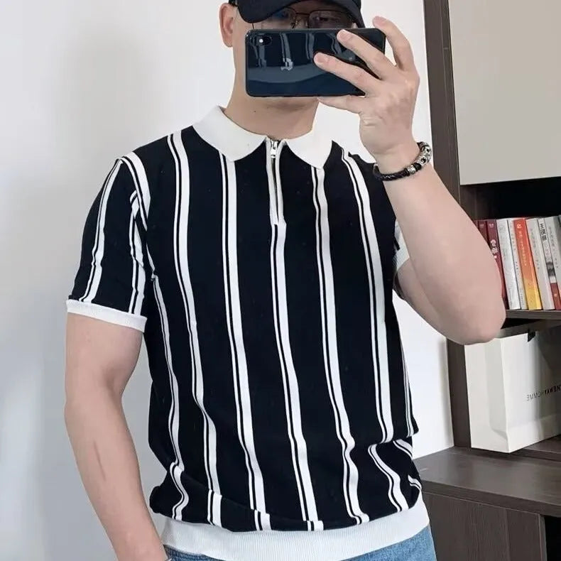 Men's Korean vintage stripe T-shirt with zipper detail and cartoon pattern