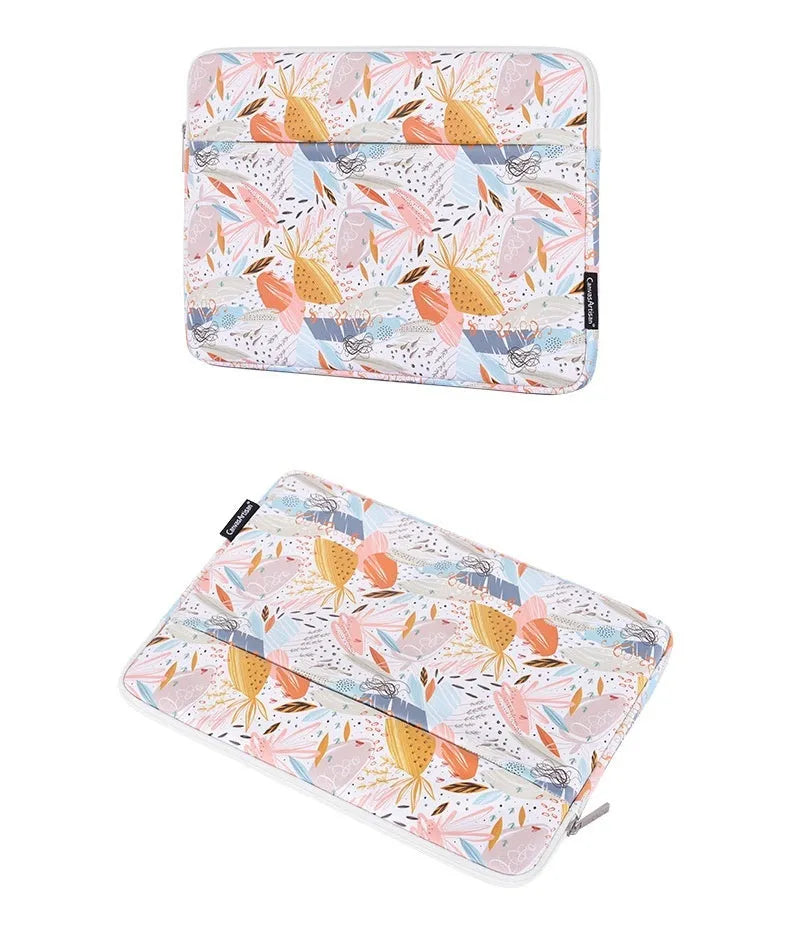 White PU leather waterproof inner sleeve for a 14 inch laptop on a table.