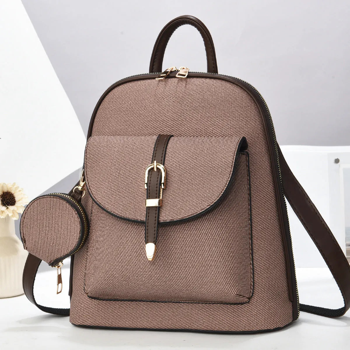 Multi-functional one-shoulder ladies travel backpack crossbody bag in PU shell shape with sandwich pocket, apricot colour, 31x28x11cm
