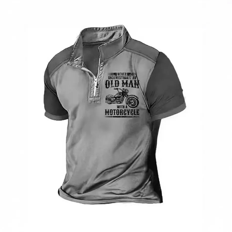 Men's casual short sleeve polo shirt with lapel, digital letter printing, and zipper decoration details.