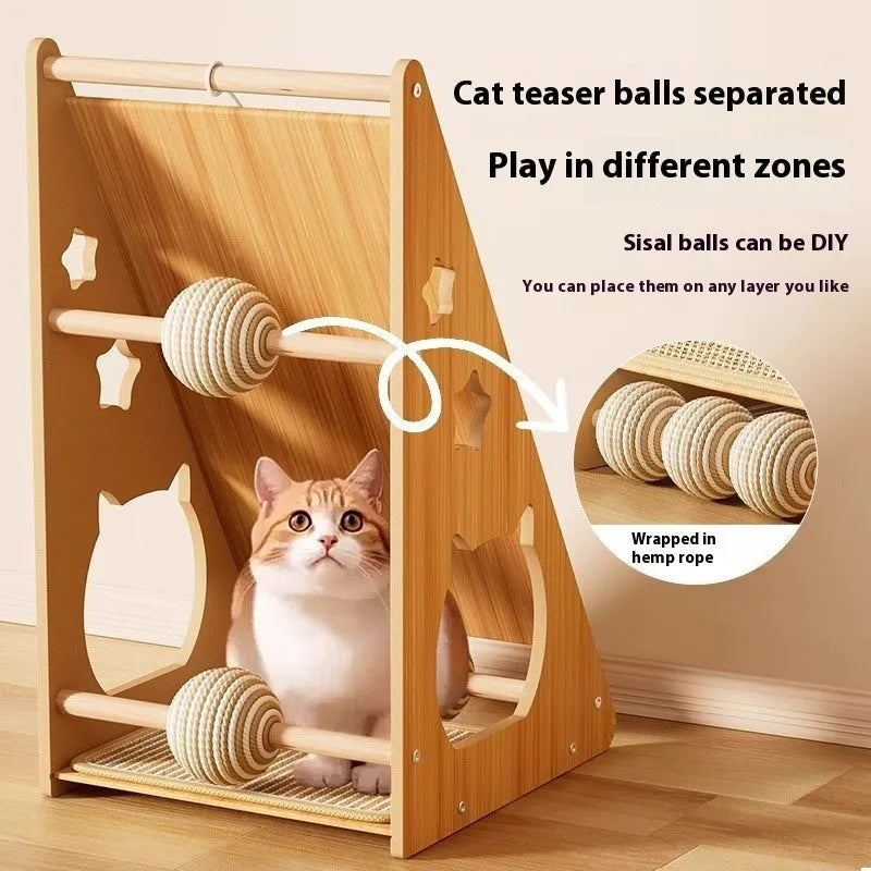 Vertical wall-mounted cat scratch board with sisal surface and attached cat teasing ball