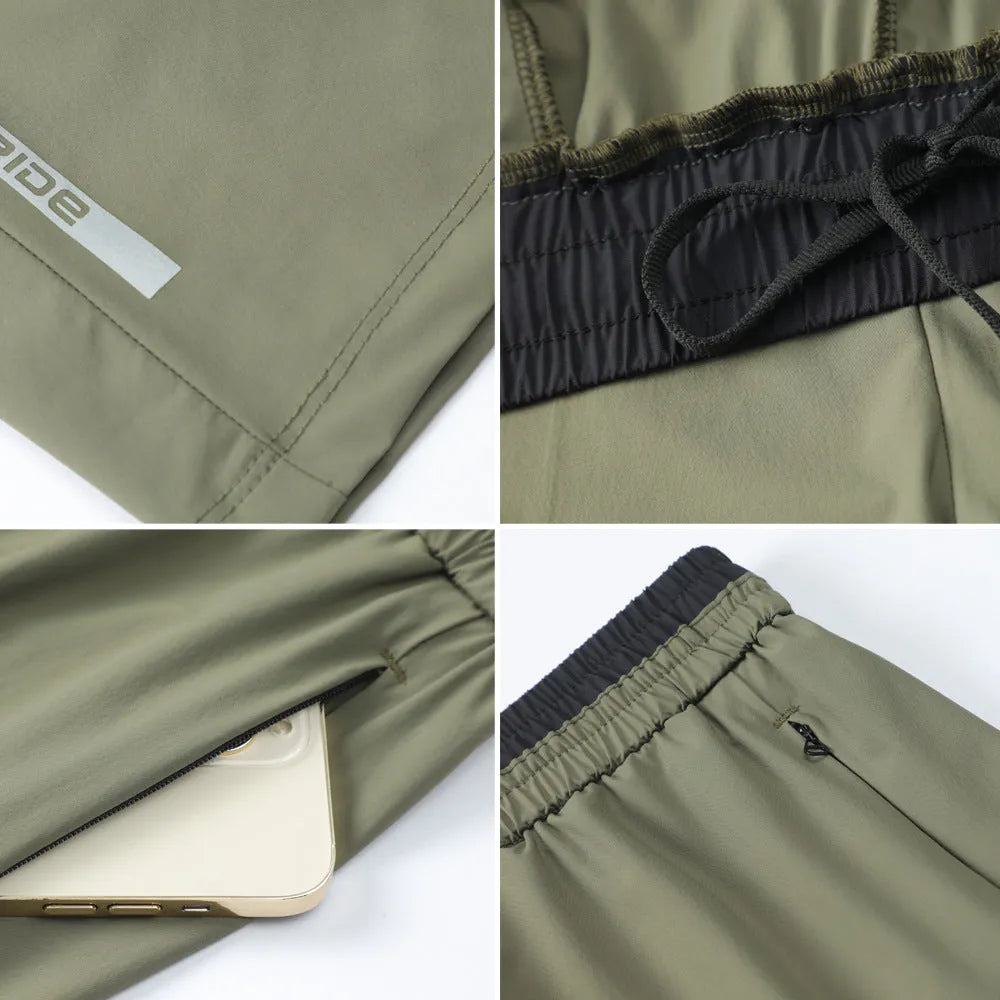 Men's loose ice silk cropped running pants in Army Green, shown in a relaxed fit for sports.