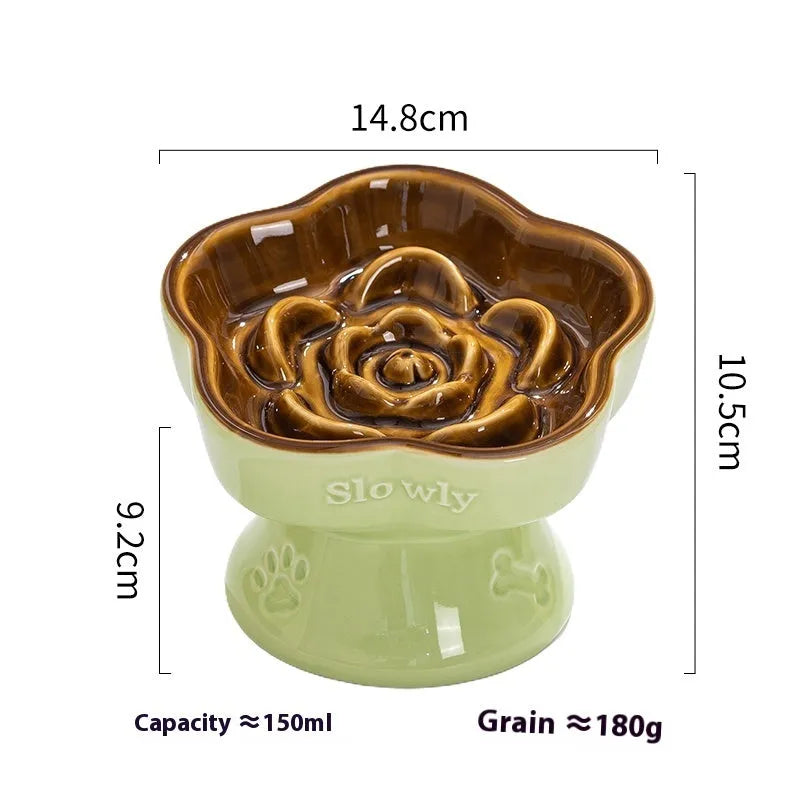 White ceramic pet bowl with a high foot neck and slanted rim for cat or dog feeding
