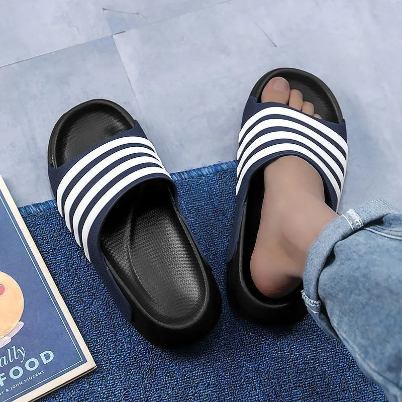 Casual unisex slippers with a PVC upper and EVA sole, shown in beige, black and white, blue and white, and green colour options.
