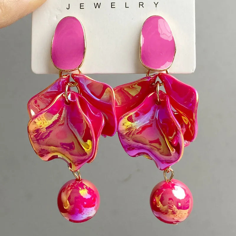 Long flower earrings in alloy with silver or gold plating, shown in purple, yellow, fairy white, rose red and nude pink