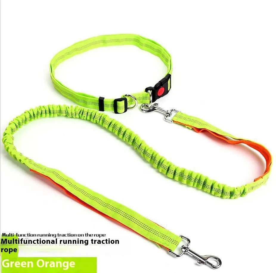 Outdoor running dog leash with night reflective filament sling and elastic adjustment in nylon construction