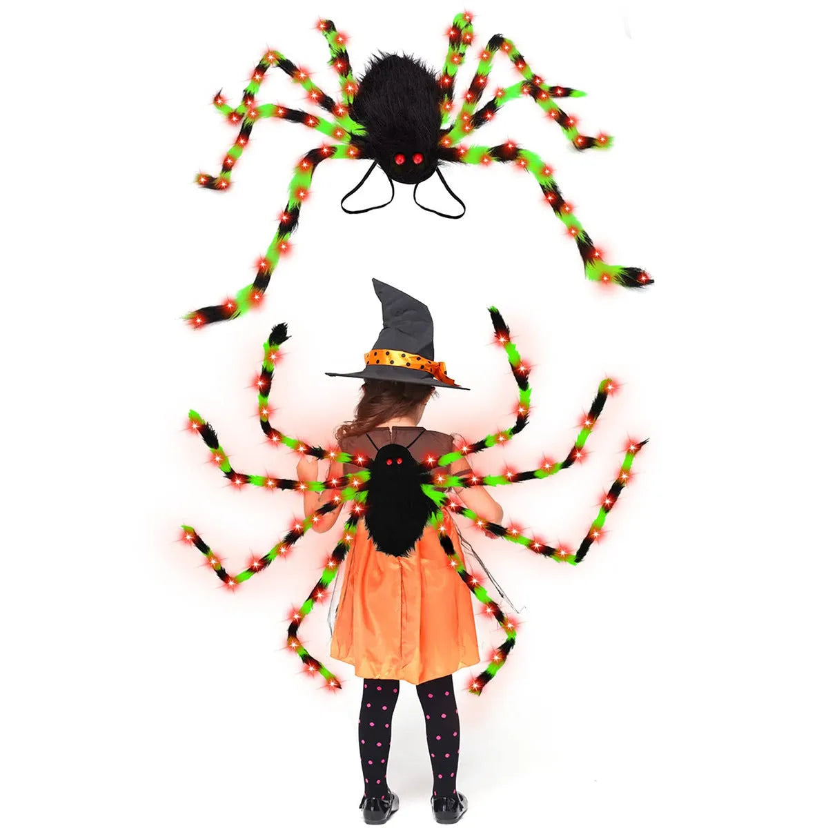 Plush Halloween spider backpack with LED lights in green, shown at 125cm length.