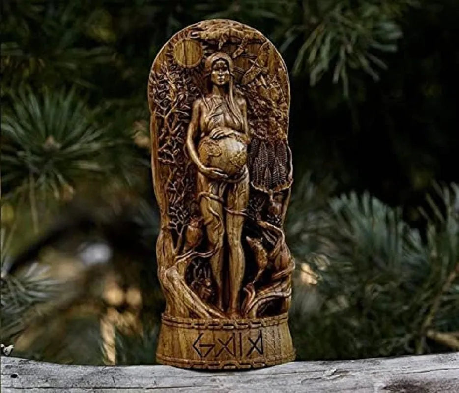 Hand-finished resin statue of a Greek goddess, 22cm tall, showing detailed drapery carving on a 9cm base.