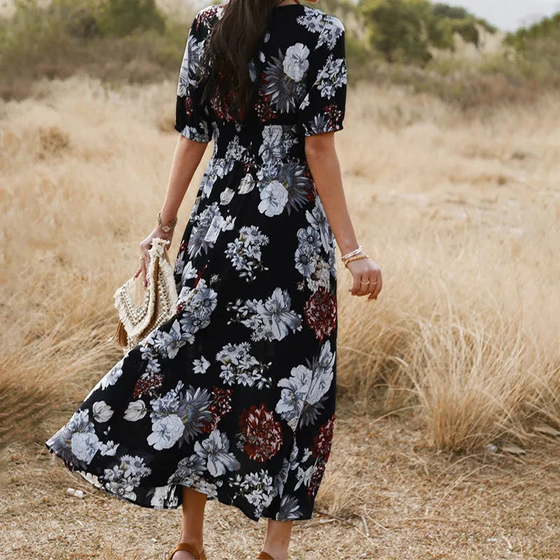 Yellow floral print women's V-neck dress with elasticated high waist and large hemline