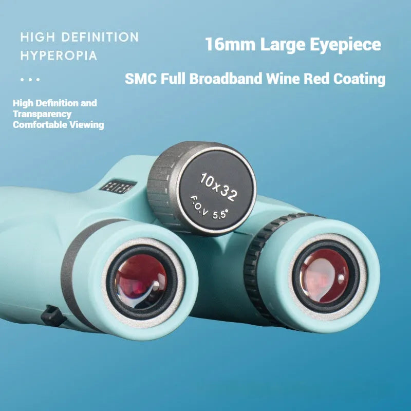 10x32 blue binoculars with wine red lenses showing 112mm height measurement