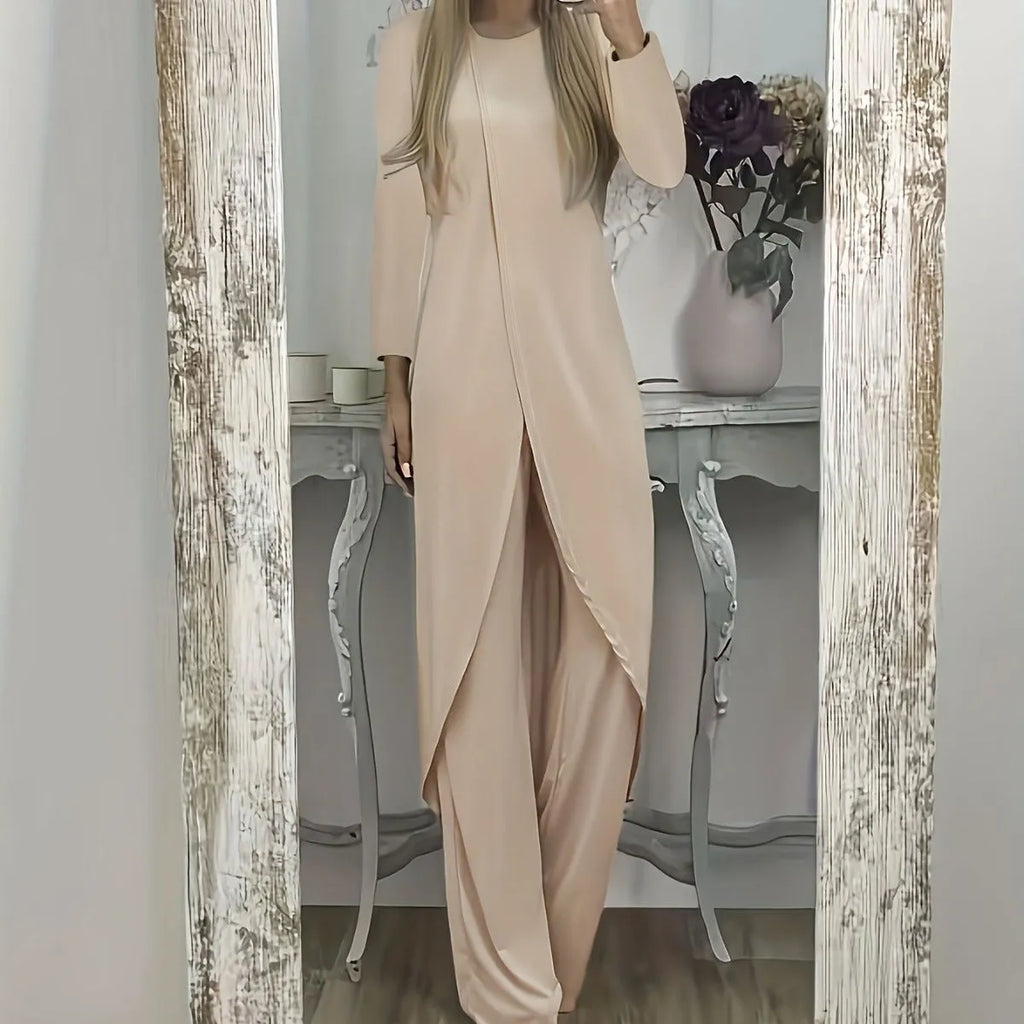 Women's casual two-piece lounge set showing long sleeve top and trousers in loose fit