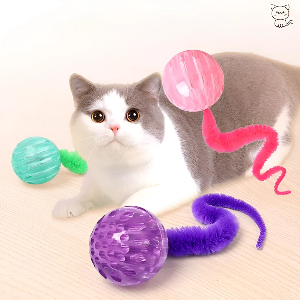 Interactive TPR bouncy ball cat toy with soft plush worm tail in green, pink or purple