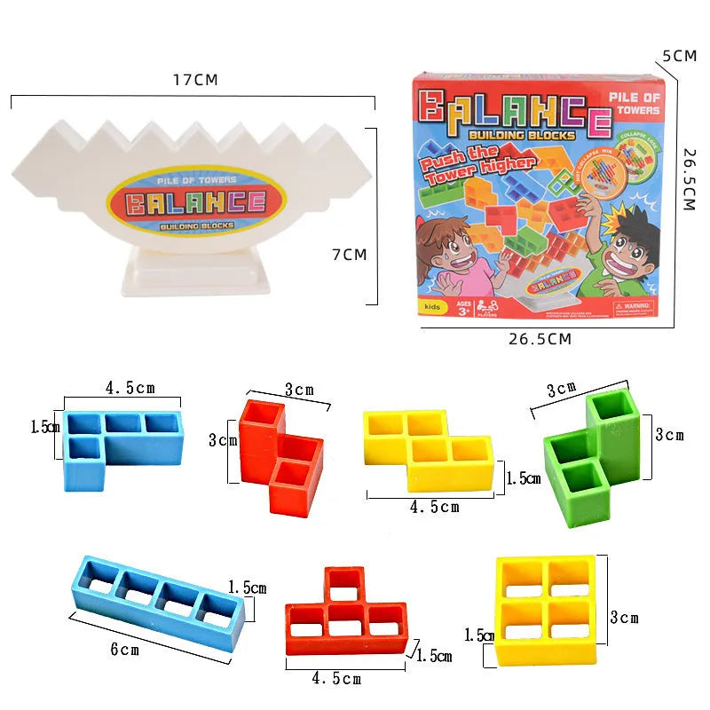 Plastic balance stacking game with colourful building blocks on chassis for family play