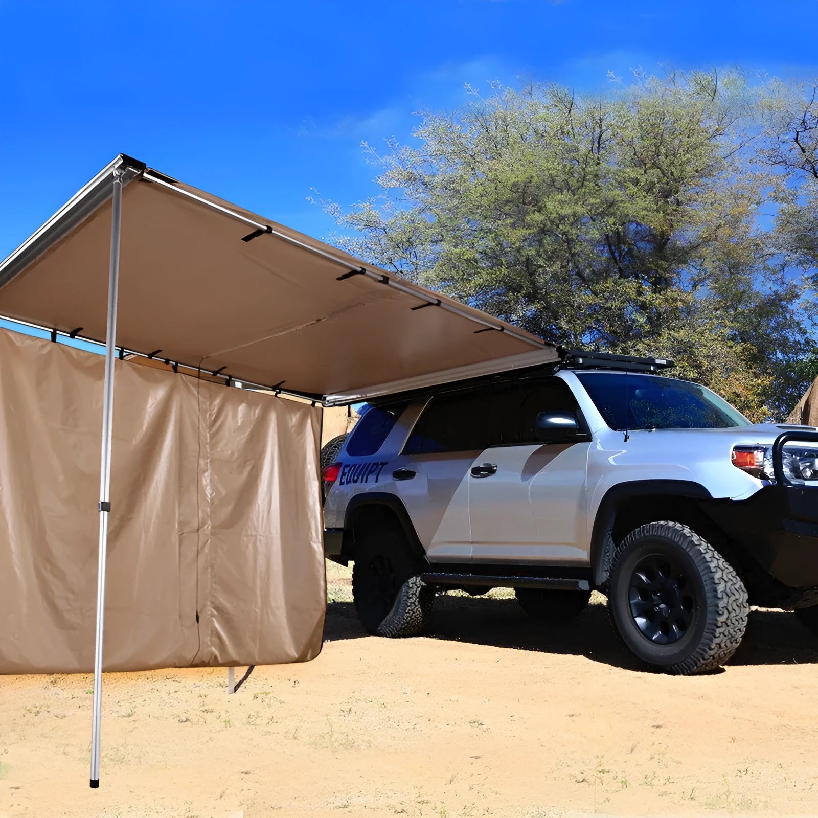 Black glue waterproof camping tent with aluminium poles set up outdoors showing two-bedroom interior