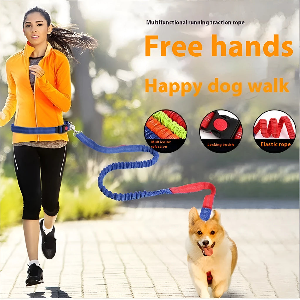 Outdoor running dog leash with night reflective filament sling and elastic adjustment in nylon construction