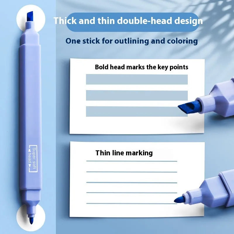 Set of double headed fluorescent highlighter pens showing two different coloured tips on each pen.