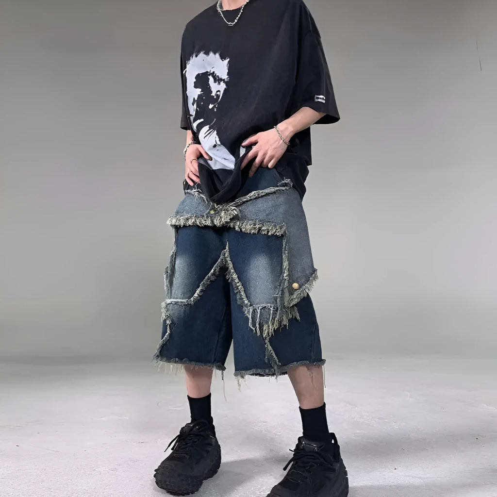 Blue denim shorts with frayed five-pointed star design and loose fit for summer casual wear