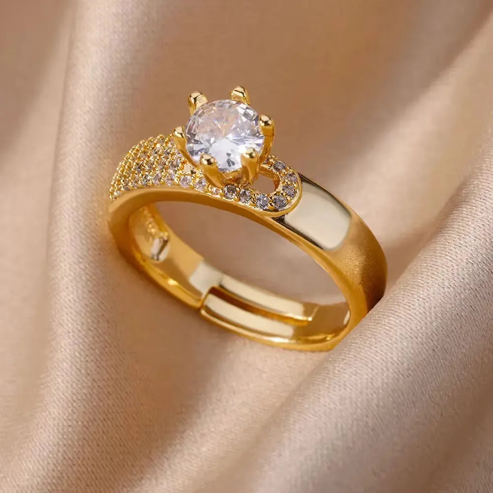Adjustable 18K gold plated love emerald ring with synthetic zircon for women, open mouth copper design