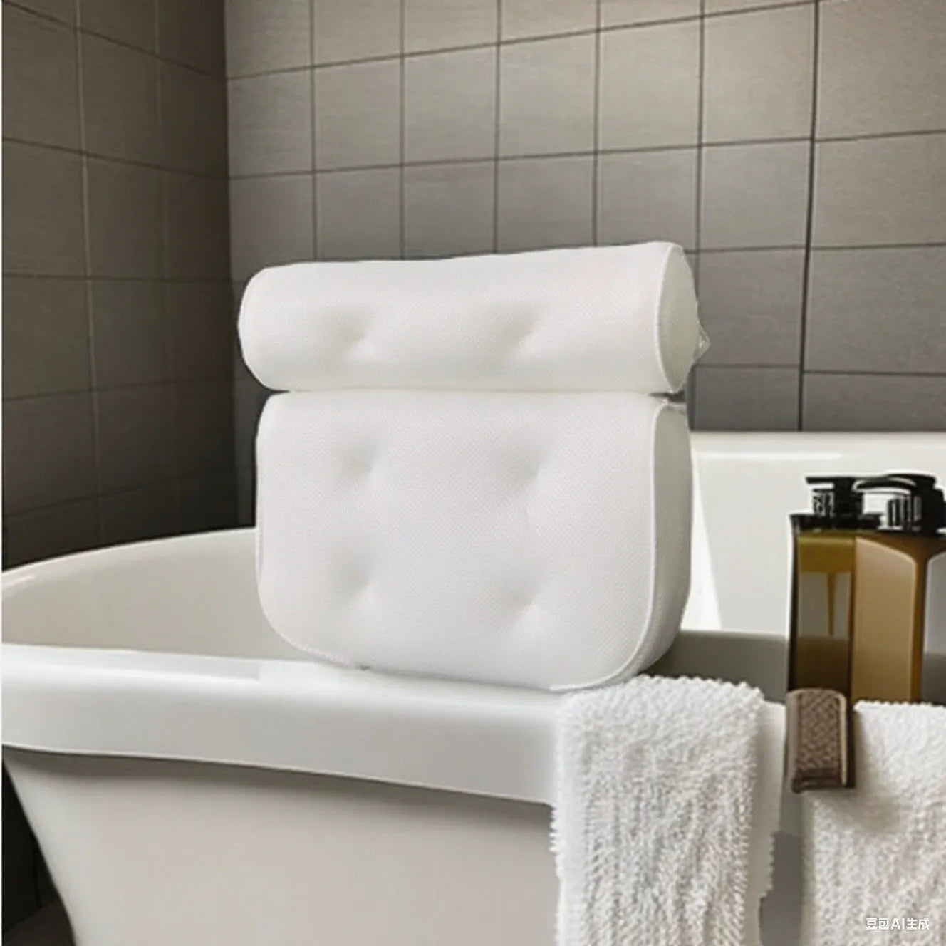 White bathtub pillow with 4D mesh and 7 suction cups on a bathtub.