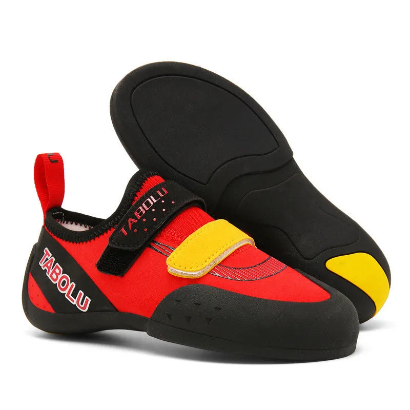 Men's and women's beginner rock climbing shoes with Velcro straps and coloured trim.