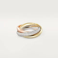 Geometric U-shaped sterling silver couple ring with three cubic zirconia stones on a hand, showing rose gold and black finish options.