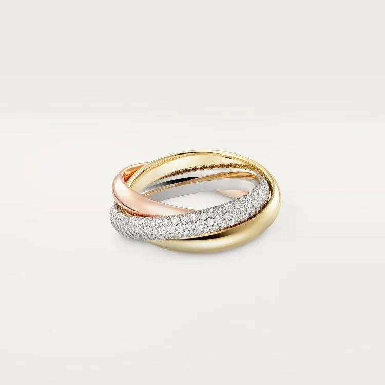 Geometric U-shaped sterling silver couple ring with three cubic zirconia stones on a hand, showing rose gold and black finish options.