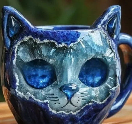 Purple handmade resin mug with a geode crystal design and a cat sculpture on the side.